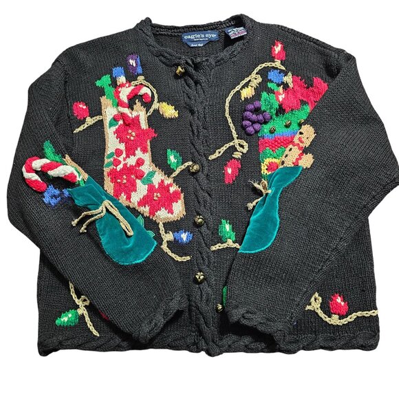 Vtg 90s Eagles Eye Christmas Sweater L Multi Hand Knit 3D Embellished Festive - Picture 9 of 11